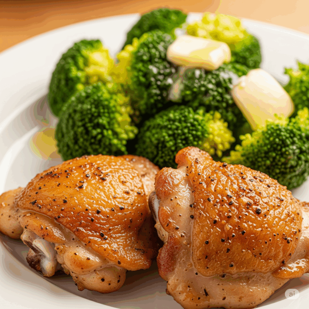 A simple keto meal of baked chicken thighs with crispy skin and steamed broccoli with butter.