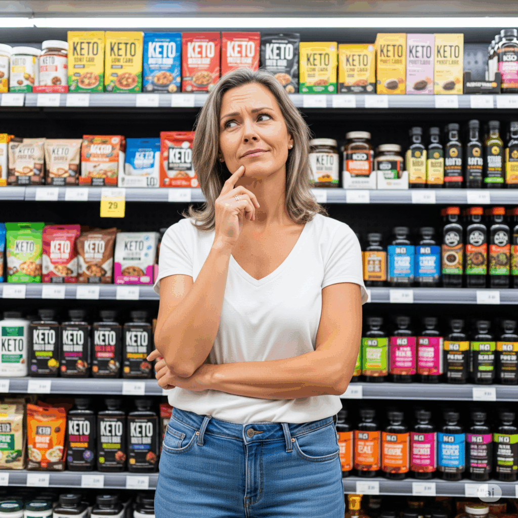 A woman confused in the grocery store which keto packaging trickery.